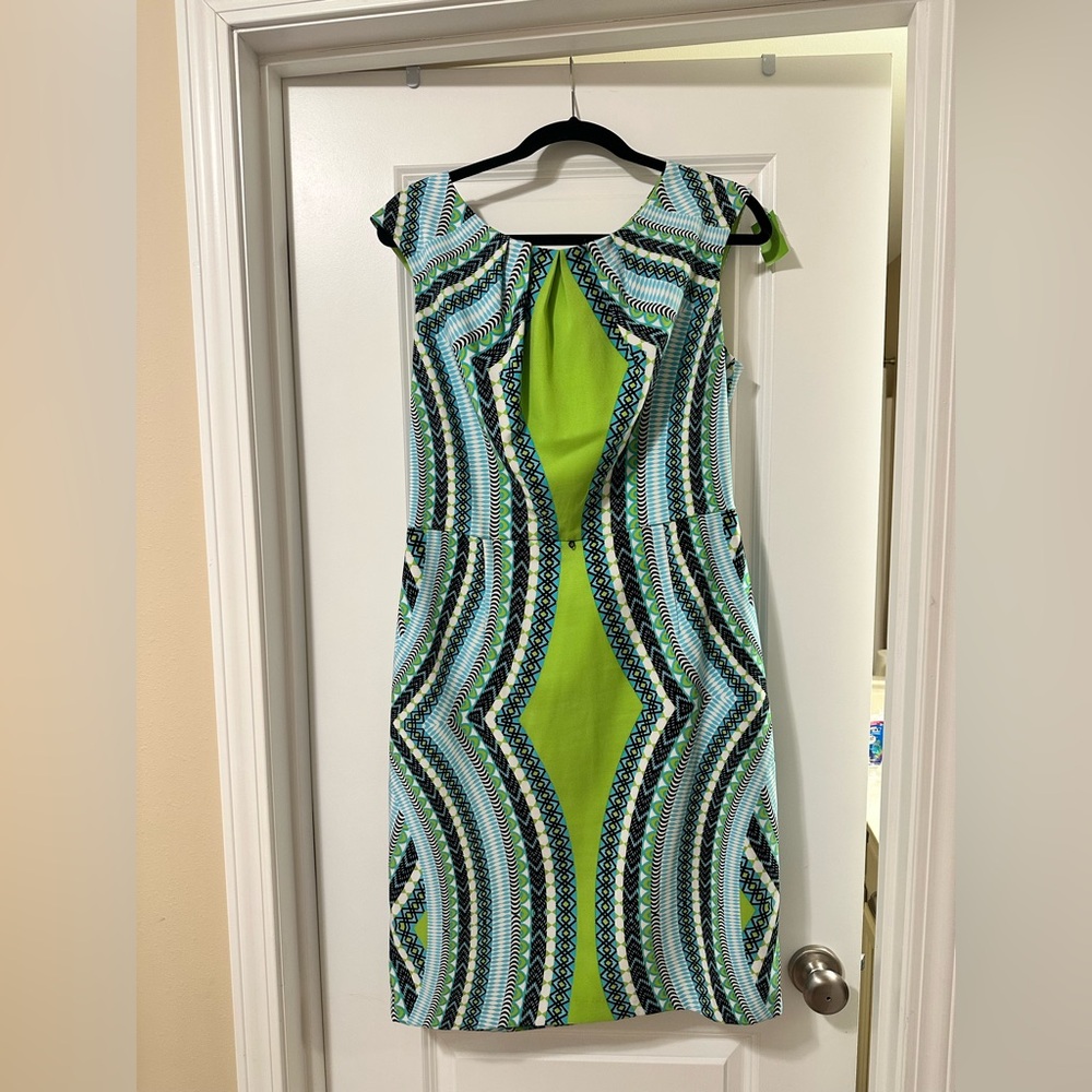 💚 London Times Size 14 Geometric Print Sheath Dress Green Blue Black